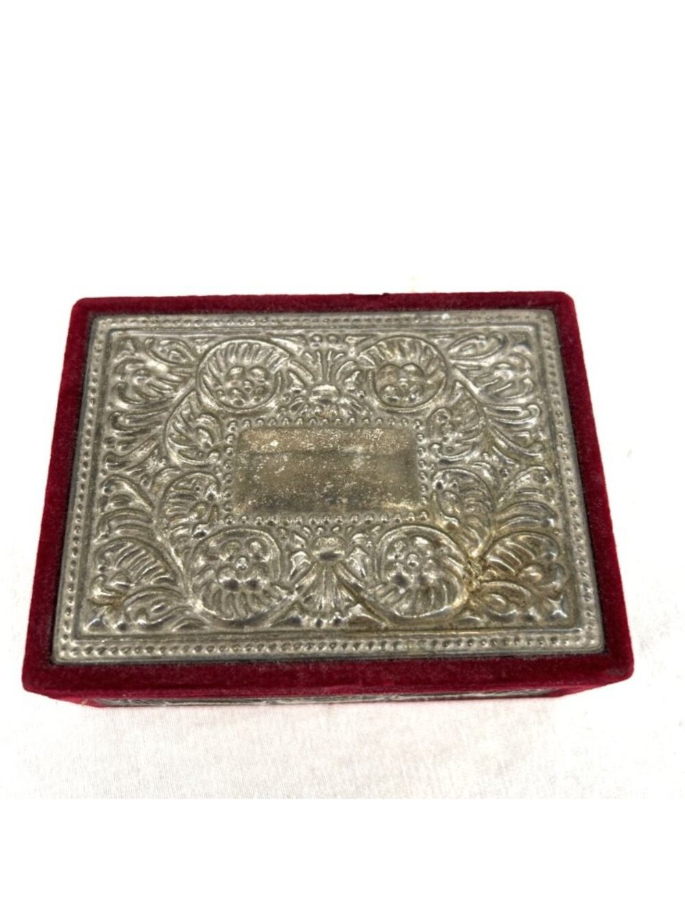 Jewelry Box Hand Tooled Metal Velver Small Travel Size 4 x 3 x 1.75" Vintage